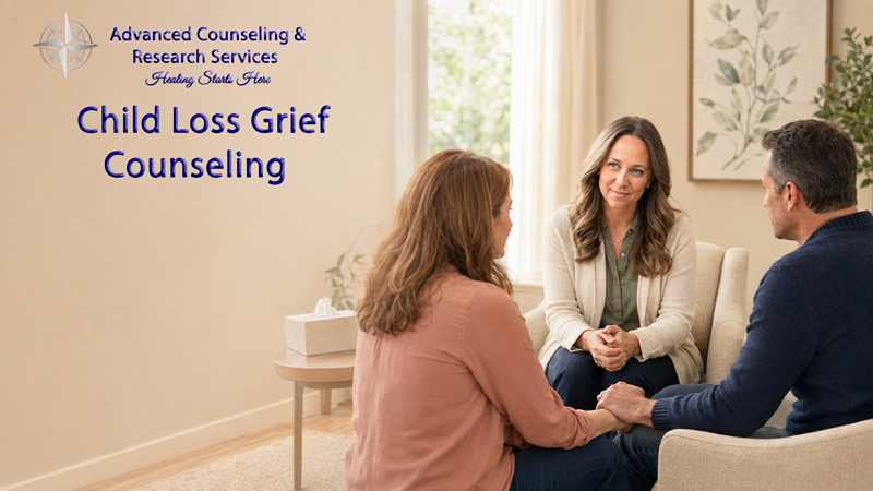 A bereaved couple holding hands during a child loss grief counseling session with a counselor in Pennsylvania