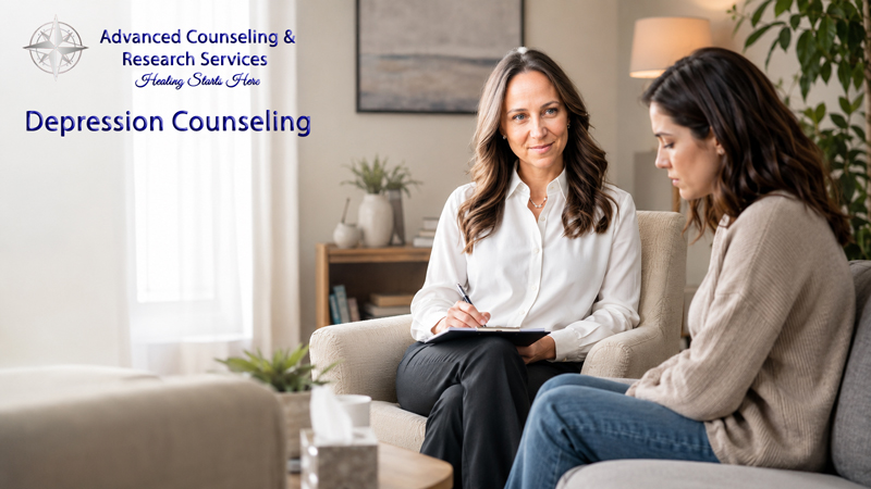 A counselor sitting with a client during a depression counseling session in Pennsylvania
