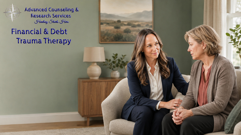 A counselor sitting with a client during a financial trauma and debt stress therapy session in Pennsylvania