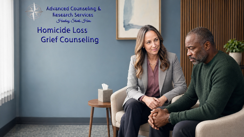 A counselor sitting with a bereaved man during a homicide loss grief counseling session in Pennsylvania