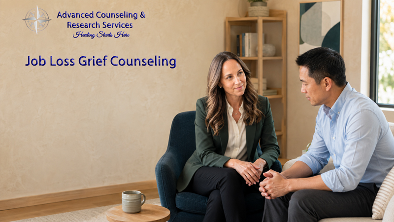 A counselor in conversation with a client during a job loss counseling session in Pennsylvania