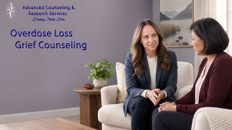 A counselor sitting with a client during an overdose loss grief counseling session in Pennsylvania