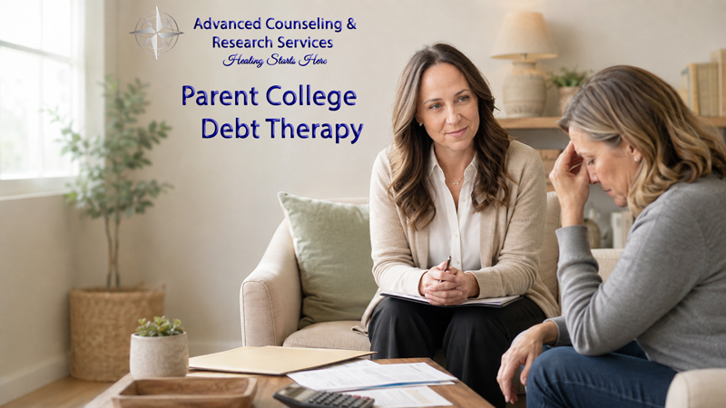 A counselor sitting with a parent during a therapy session about college debt in Pennsylvania