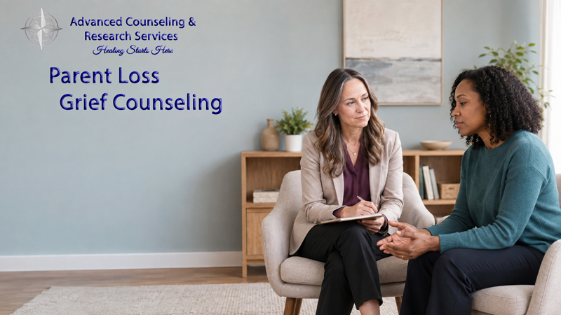 A counselor listening as a client speaks during a parent loss grief counseling session in Pennsylvania
