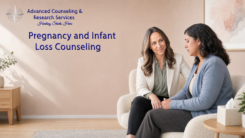 A counselor sitting with a grieving woman during a pregnancy and infant loss counseling session in Pennsylvania