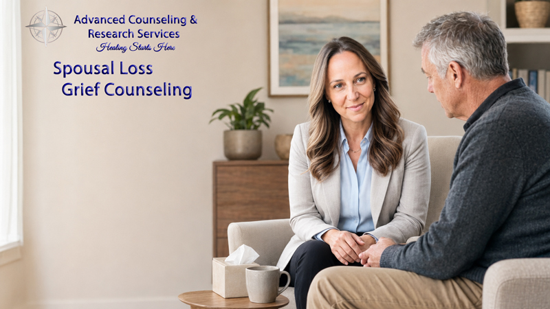 A counselor sitting with a bereaved client during a spousal loss grief counseling session in Pennsylvania