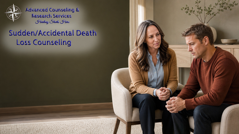 A counselor sitting with a grieving man during a sudden and accidental death loss counseling session in Pennsylvania
