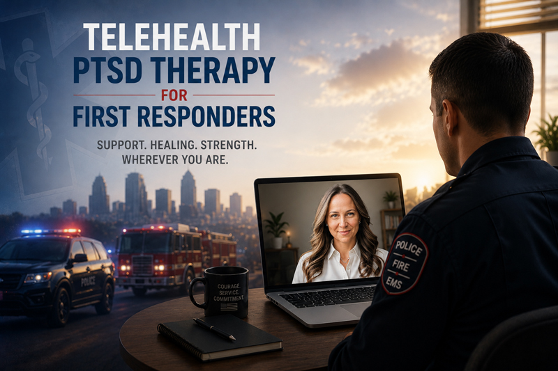 First responder receiving secure telehealth PTSD therapy from home