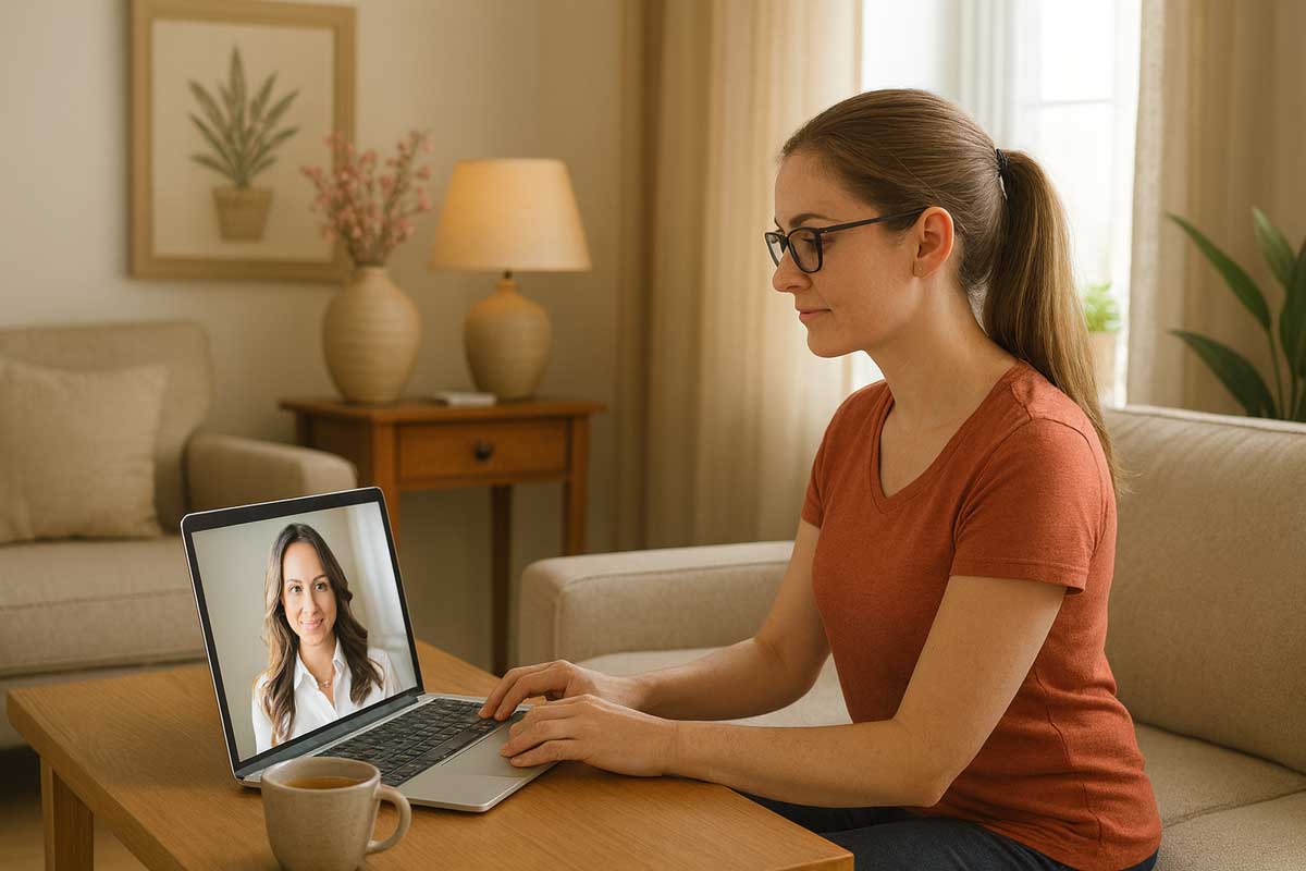 Person sitting peacefully in a comfortable home environment during a virtual telehealth therapy session, symbolizing trauma recovery and emotional support.