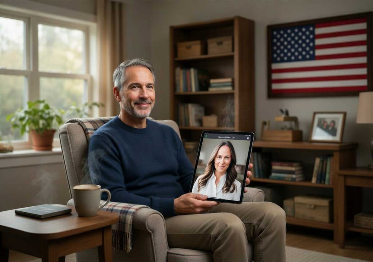 Veteran participating in secure telehealth PTSD therapy from home